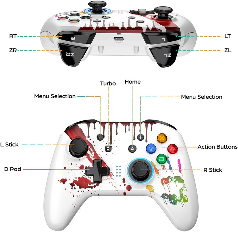 Manette sans Fil pour Switch, Manette Bluetooth pour Swtich, Manette Pro Rechargeable avec Bluetooth/Turbo/6 Axes/Double Moteur