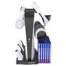 Socle pour Playstation 5 avec refroidissement socle de charge pour manettes emplacement pour les boites de jeux et repose casque vu de face avec tout accessoires