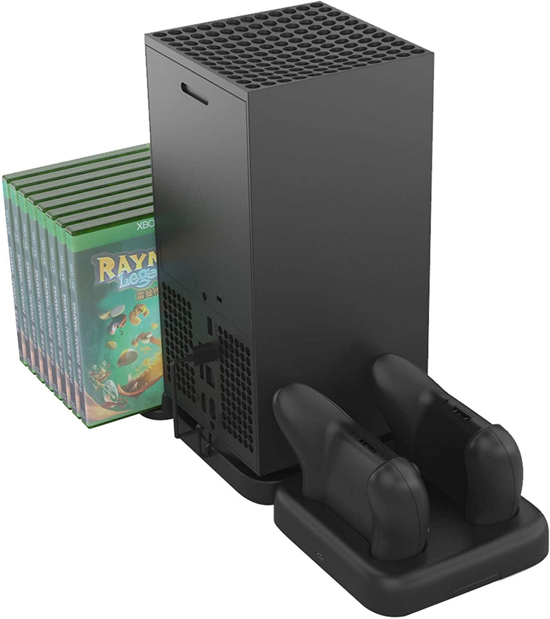 Socle pour Xbox avec 2 stands de charge pour les manettes et un rangement pour les jeux vu de dos avec tout accessoires