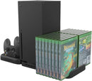 Socle pour Xbox avec 2 stands de charge pour les manettes et un rangement pour les jeux vu sur le côté avec tout accessoires